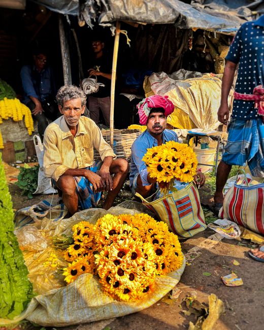Two flower vendors at a bustling outdoor market, surrounded by vibrant yellow sunflower bouquets. The vendor on the right, wearing a pink headscarf and blue shirt, holds a large bouquet of fresh, brig