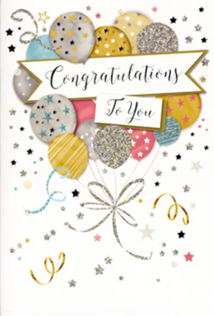 The image depicts a sophisticated congratulations card where every detail has been crafted to radiate celebration, much like a well-planned party in the heart of Lambeth. The background is a soft, calm hue that allows the metallic accents and pastel balloon cluster to shine. Across the central portion of the card, a gently curved banner spans the width, bearing the phrase Congratulations To You in elegant, hand-lettered script. The text is highlighted in a golden tone that suggests metallic foil, catching and reflecting imaginary light with a subtle, luxurious gleam. Behind this banner, a collection of balloons appears to float upwards, layered one over another in shades of champagne, soft gold, silver, blush pink, and sky blue. Each balloon is intricately decorated with tiny star motifs, slender stripes, or dustings of glitter, giving them character and visual depth, as though they might have a slightly raised, tactile surface. From their bases, fine gold and silver ribbons curl and fall, tracing loose, graceful spirals down the card like streamers hung in a townhouse off Oval or near Lambeth North. Surrounding the central arrangement are scattered stars, swirling lines, and delicate flecks of confetti, which dance across the design and add an airy sense of motion, like the gentle stir of air when a door opens at a gathering. The overall feeling is joyful yet composed-perfect for marking exam results, a job promotion, or a personal achievement someone in Lambeth has poured their heart into. Paired with fragrant flowers delivered the same day, this card would complete the gesture, offering a beautifully visual way to say well done with grace and warmth.