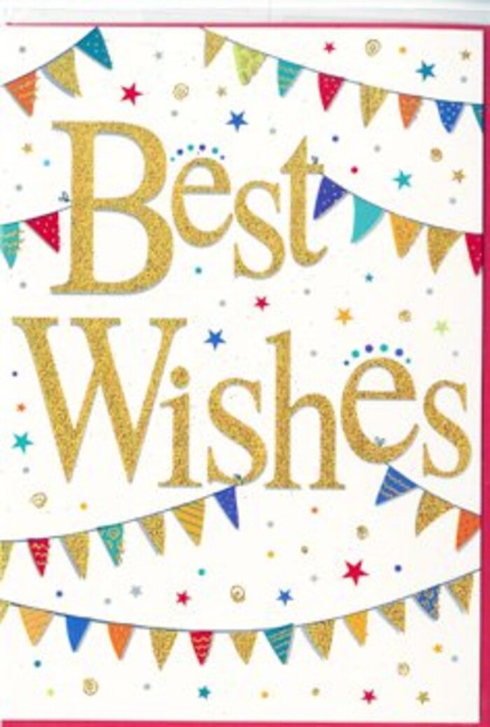 In this image, a Best Wishes greetings card radiates cheerful sophistication, as if designed for the many celebrations that unfold around Lambeth's riverside and leafy squares. The main focus is the central wording: Best Wishes written in fluid, hand-lettered gold script, its curves and flourishes gleaming softly against a spotless white background. The gold appears slightly textured and reflective, like foil or very fine glitter, hinting at a tactile quality that invites touch. Around the words, delicate strings of bunting sweep in graceful arches from side to side, echoing the festive bunting you might see strung between townhouses on a sunny afternoon in Stockwell. Each bunting flag is a tiny triangle of colour-vibrant reds, blues, greens, yellows, and softer pastel tones-adorned with miniature designs such as tiny spots, narrow stripes, or mosaic-style details. The varied colours and patterns lend the card a handmade, personal feel, as though someone has taken time to craft it with care. Between the bunting strands, scattering lightly across the white space, are petite stars and round confetti dots in harmonising shades, giving the impression that light, colourful paper pieces are slowly drifting to the ground after a toast. The design is bright but well-balanced, with plenty of open space that prevents it from ever feeling busy. The overall mood is one of warm encouragement and sincere happiness-perfect for celebrating a new job in Waterloo, a graduation in nearby colleges, or a move into a first home around Kennington or Vauxhall. It's the kind of card that complements a bouquet so naturally that together they become a single, joyful message of hope and good fortune shared across Lambeth.