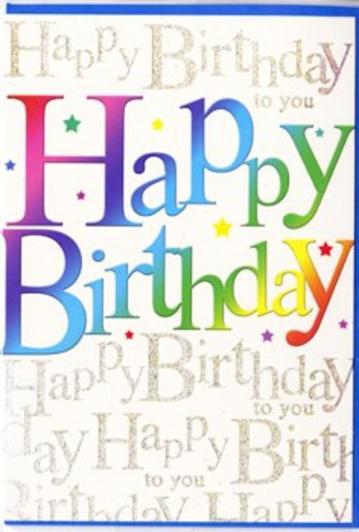 This birthday card appears as a joyful statement piece, like something a Lambeth florist would choose to enhance the excitement of a special delivery arriving in Herne Hill or Waterloo. Across the centre, the words Happy Birthday stand tall in broad, block-style letters that fill most of the card's width and height. The letters are bathed in a rainbow gradient, moving in soft transitions from a deep cherry red at one end through warm orange, mellow yellow, fresh grass green, cool blue, and finally a rich violet at the other, evoking the variety and life seen on a busy Saturday near Brixton Village. Each colour is saturated yet smooth, giving the impression of careful blending, as though the letters were dipped into bands of light. Around the main greeting, tiny accents-pinpricks of colour shaped like stars and confetti-are scattered across the front, lifting the design and suggesting the carefree atmosphere of an evening celebration under fairy lights. Set behind this vivid foreground, the background is covered with delicate golden script, repeating the phrase Happy Birthday to you in looping, graceful handwriting. This metallic cursive flows in orderly lines, forming a soft, shimmering tapestry beneath the bolder message. As light shifts, the gold likely glints subtly, reminiscent of sunlight catching the windows along the South Bank or the gentle shimmer of the river by Lambeth Bridge. The card stock looks smooth and slightly glossy, suggesting a pleasant, almost silky feel to the touch. The overall impression is of a carefully considered design that balances playful colour with elegant detail-perfect for marking a milestone birthday with the same thoughtful touch you'd expect from Flower Delivery Lambeth when sending fresh blooms across the borough.