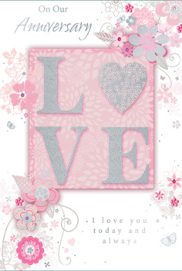 In this anniversary card design, the essence of enduring romance is captured in a palette of blush pinks, pearlescent whites, and soft silver greys, much like the pastel flowers a Lambeth florist might gather for an intimate celebration. At the centre of the card, the word LOVE is presented in large, capital letters that rise gently above the surface. Each letter is dusted with delicate glitter, creating a frosted effect that glimmers subtly, reminiscent of early morning sunlight glancing off petals in a quiet garden near Brockwell Park. The textured lettering invites the fingertips, promising a sensory moment of connection between sender and receiver. Around this word, a graceful arrangement of illustrative flowers and leaves curls lightly across the card. The blooms are drawn with fine lines and soft shading, their petals unfolding in shades of pale pink, ivory cream, and muted grey, intertwined with slender stems and foliage tipped in silver. The style evokes a florist's preliminary sketch for an anniversary bouquet destined for a cosy flat in Waterloo, carefully mapping how each stem will sit. Delicate curls, tiny flourishes, and subtle butterflies hover among the flowers, adding a sense of lightness and quiet joy, as if the design is gently stirring in a breeze off the Thames. The background is a soft blush tone with faint, cloudy variations, offering depth without overshadowing the central theme. Elegant script text, phrases such as I love you today and always, rests harmoniously among the florals, echoing the curves of the vines. Overall, the composition feels like a lovingly curated paper arrangement, ideal to pair with an anniversary flower delivery from Flower Delivery Lambeth for couples marking another cherished year together.