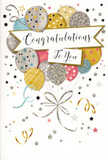 In this close-up of a congratulatory card, the artwork mirrors the feeling of shared joy that often fills Lambeth's homes during special moments. At the centre, a smooth banner sweeps across with the words Congratulations To You written in an elegant, looping script, the letters shimmering in a warm golden hue that suggests fine foil stamping. Behind and above the banner, an arrangement of balloons rises like a soft, floating bouquet. The balloons are rendered in a gentle palette of champagne, soft gold, cool silver, blush pink, and light sky blue, their shapes overlapping to create a sense of depth. Each one is embellished with delicate details-tiny stars that twinkle, slender stripes, and subtle sprinkles of glitter-hinting at a slightly textured surface that would feel luxurious to the touch. Slim metallic ribbons unwind from the balloons in graceful curls, echoing the movement of party decorations after an evening celebration in a flat near Brixton or along the riverside. The pale background is scattered with miniature stars, curling flourishes, and sparkling confetti dots, giving the impression that the design is caught mid-celebration, with joy still hanging in the air. The overall composition is both polished and heartfelt, ideal for recognising life's big achievements-graduations, promotions, new qualifications, or personal milestones. It's easy to imagine this card being tucked beside a vase of fresh blooms delivered across Lambeth, from Vauxhall to Streatham, turning a simple message of well done into a keepsake that honours the recipient's hard work and the community that surrounds them.