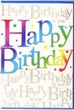 The birthday card shown here feels like a little burst of party magic you might find tucked among fresh flowers delivered across Lambeth, from quiet streets in Tulse Hill to busy corners of Clapham North. Dominating the front, the words Happy Birthday are printed in large, bold letters that march confidently across the card, each character drenched in a different jewel-bright shade. The colours blend in a smooth rainbow wave-from vivid red through orange, yellow, green, blue, and purple-creating a sense of movement and unity, like a line of colourful bunting strung above a celebration near Brockwell Park or along a balcony in Kennington. Surrounding the main text, scattered stars and confetti-like dots echo these tones, adding lightness and a feeling of motion, as if captured mid-sparkle. The background is quietly intricate: a soft, neutral field covered in repetitive, flowing golden handwriting that reads Happy Birthday to you over and over again. This metallic script curls and loops gracefully, forming fine horizontal bands that shimmer gently when the light hits them, not unlike evening light playing on the Thames by the South Bank. The gold adds a refined elegance to the otherwise exuberant design. The card's surface appears smooth, with a subtle sheen that hints at a quality paper choice. Taken together, the bold rainbow lettering, playful confetti details, and shimmering golden script create a design that feels both festive and heartfelt-an ideal accompaniment to a birthday bouquet arriving with same-day delivery anywhere in Lambeth, adding visual joy to the well-wishes inside.